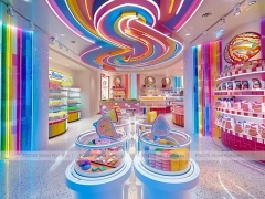 Blue Striped Fun Candy Store Interior with Center Candy Columns