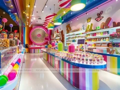 Blue Striped Fun Candy Store Interior with Center Candy Columns