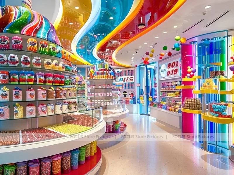 Blue Striped Fun with Center Candy Columns Candy Store Interior
