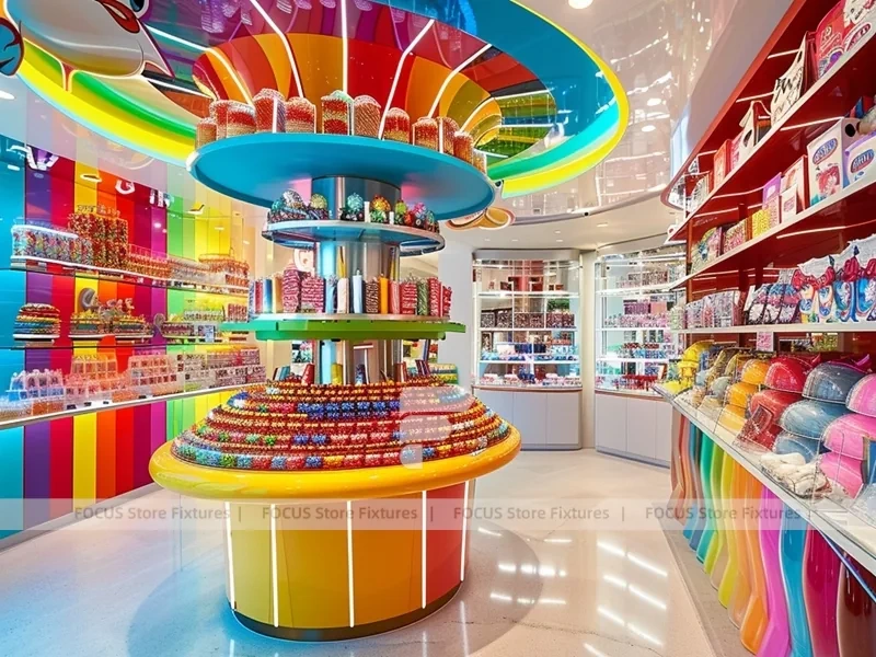 Blue Striped Fun with Center Candy Columns Candy Store Interior