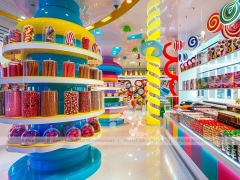 Blue Striped Fun with Center Candy Columns Candy Store Interior