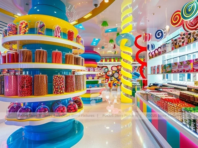 Blue Striped Fun with Center Candy Columns Candy Store Interior