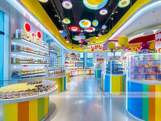 Blue Sunny Pop Candy Shop Interior with Bright Window Shelving