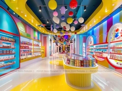 Blue Sunny Pop Candy Shop Interior with Bright Window Shelving