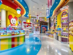 Blue Sunny Pop Candy Shop Interior with Bright Window Shelving