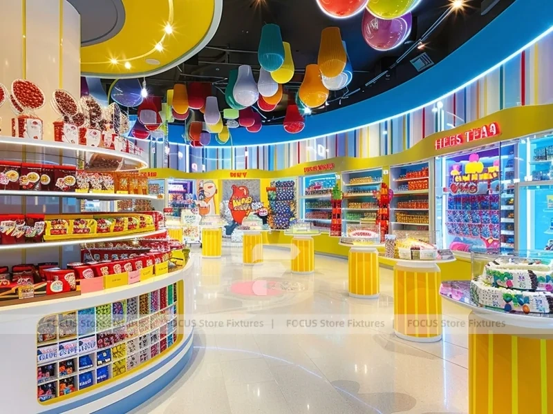 Blue Sunny Pop Candy Shop Interior with Bright Window Shelving