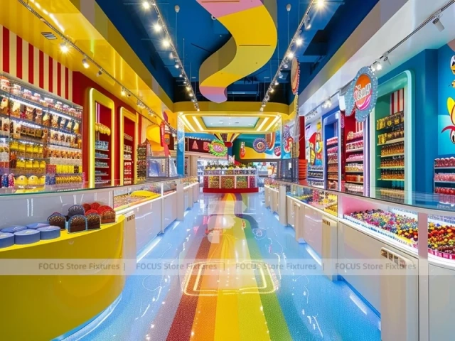 Blue Sunny Pop Candy Shop Interior with Bright Window Shelving