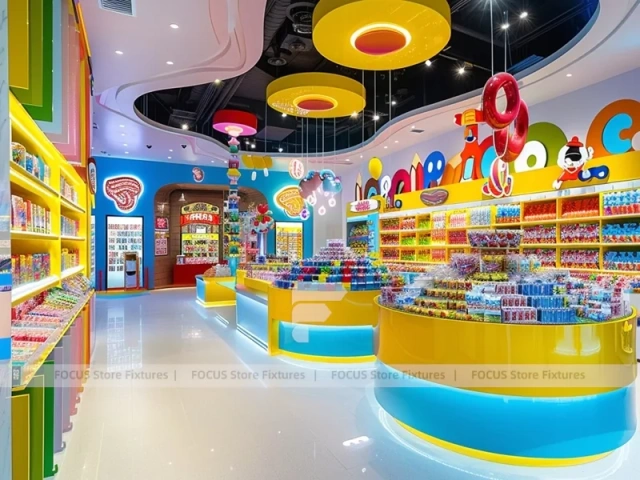 Blue Sunny Pop Candy Shop Interior with Bright Window Shelving