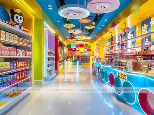 Blue Sunny Pop with Bright Window Shelving Candy Shop Interior