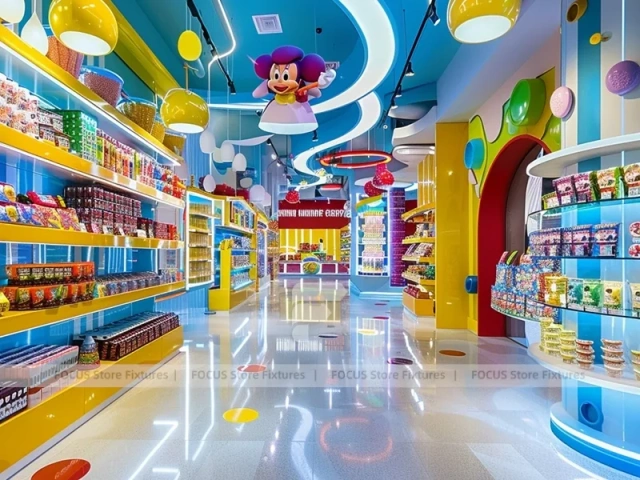Blue Sunny Pop with Bright Window Shelving Candy Shop Interior
