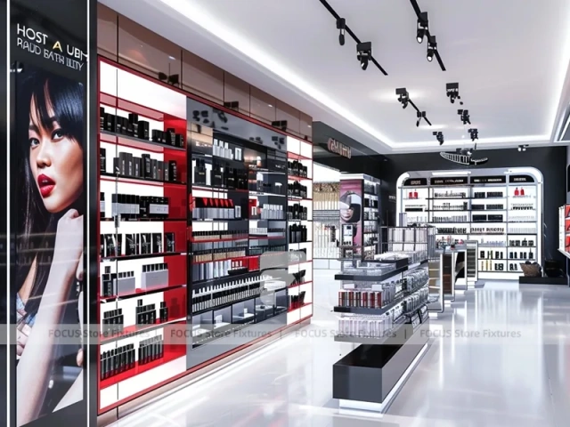 Bright Red Black Perfume Retail Aisle With Central Column