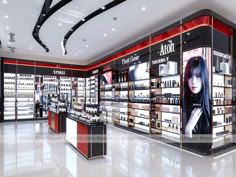 Bright Red Black Perfume Retail Aisle With Central Column