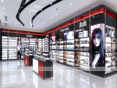 Bright Red Black Perfume Retail Aisle With Central Column