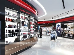 Bright Red Black Perfume Retail Aisle With Central Column