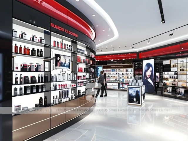 Bright Red Black Perfume Retail Aisle With Central Column