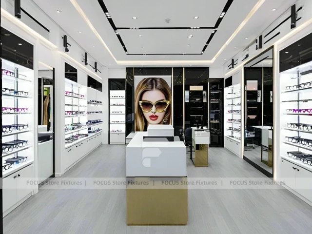 Bright White Eyewear Boutique Interior with Corner Showcase Layout