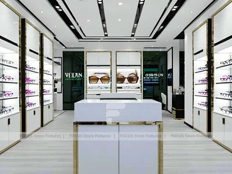 Bright White Eyewear Boutique Interior with Corner Showcase Layout