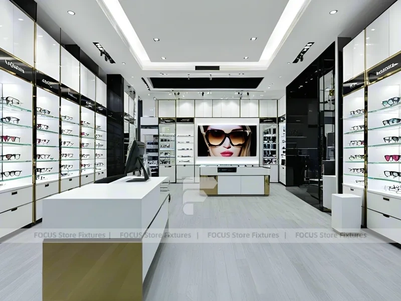 Bright White Eyewear Boutique Interior with Corner Showcase Layout