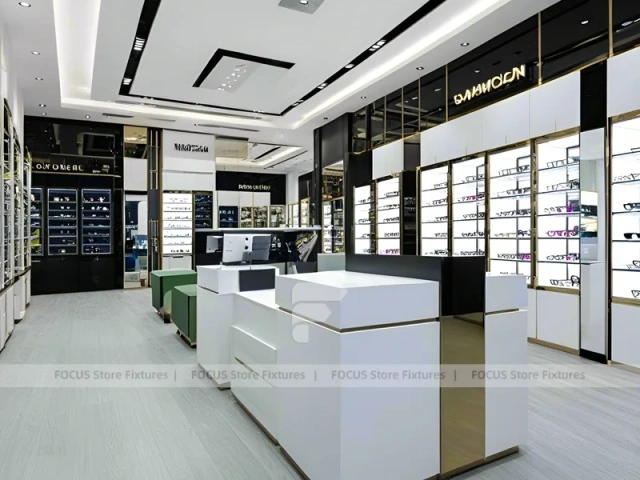 Bright White Eyewear Boutique Interior with Corner Showcase Layout
