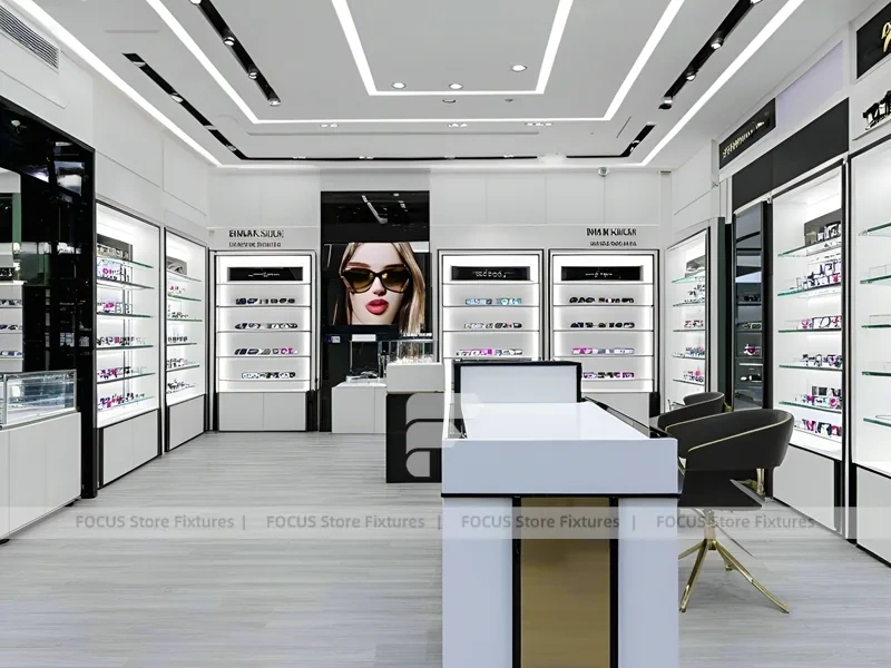 Bright White Eyewear Boutique Interior with Corner Showcase Layout