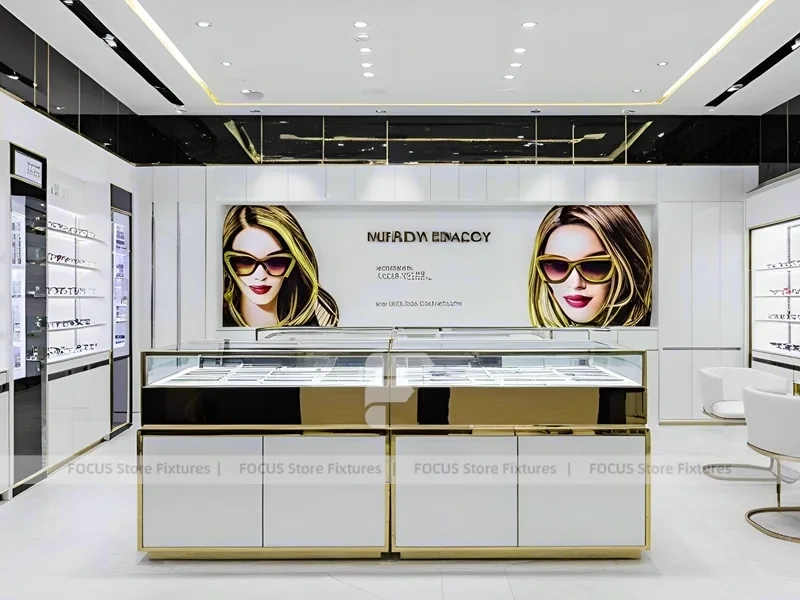 Bright White Optical Wall Display with Corner Showcase Layout