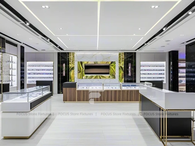Bright White Optical Wall Display with Corner Showcase Layout