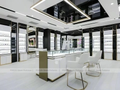 Bright White Optical Wall Display with Corner Showcase Layout