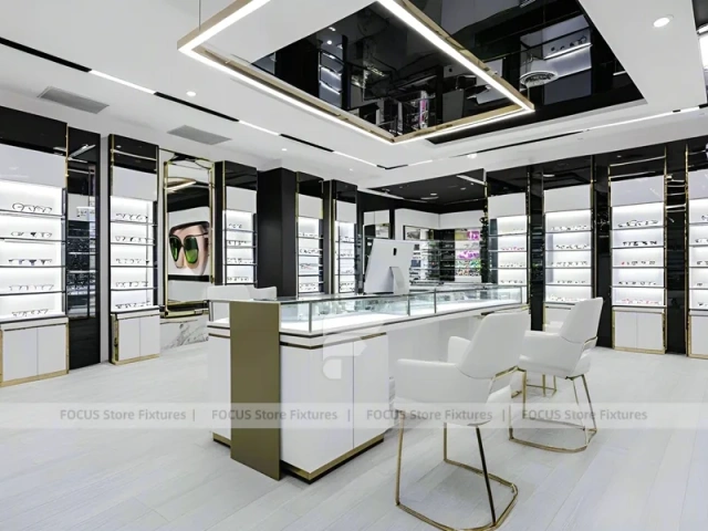 Bright White Optical Wall Display with Corner Showcase Layout
