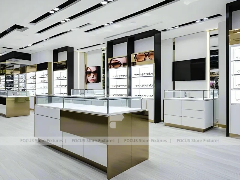 Bright White Optical Wall Display with Corner Showcase Layout