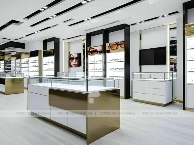 Bright White Optical Wall Display with Corner Showcase Layout