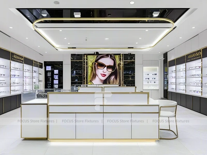 Bright White Optical Wall Display with Corner Showcase Layout