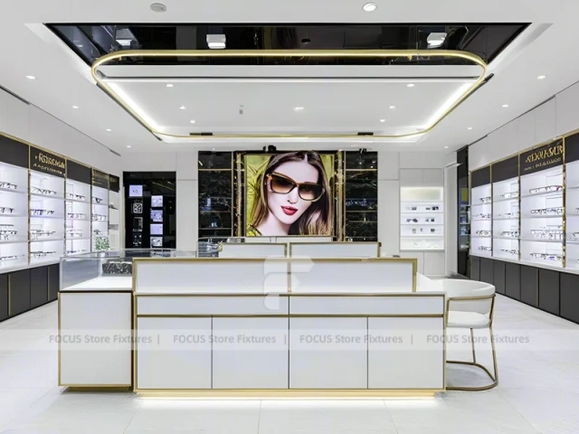 Bright White Optical Wall Display with Corner Showcase Layout
