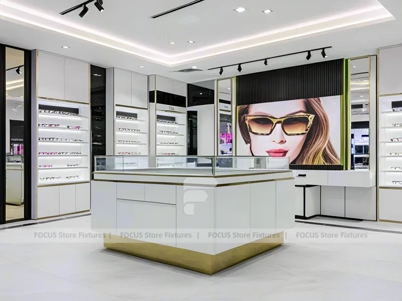 Bright White Optical Wall Display with Corner Showcase Layout