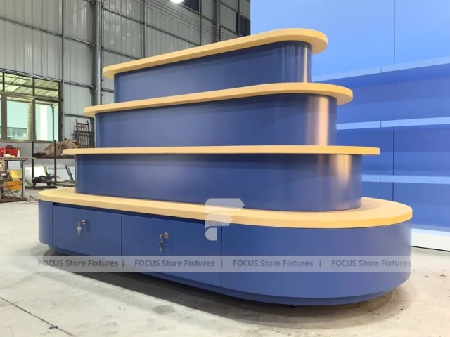 Candy Blue Confectionery Shelf Fixture with Backlit Wall Shelving