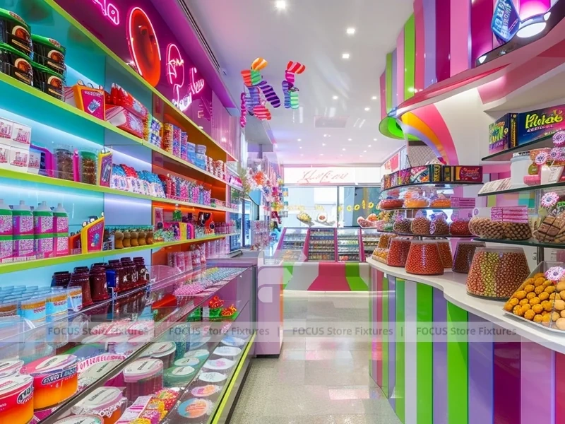 Candy Carnival Sweet Boutique Interior with Curved Candy Islands