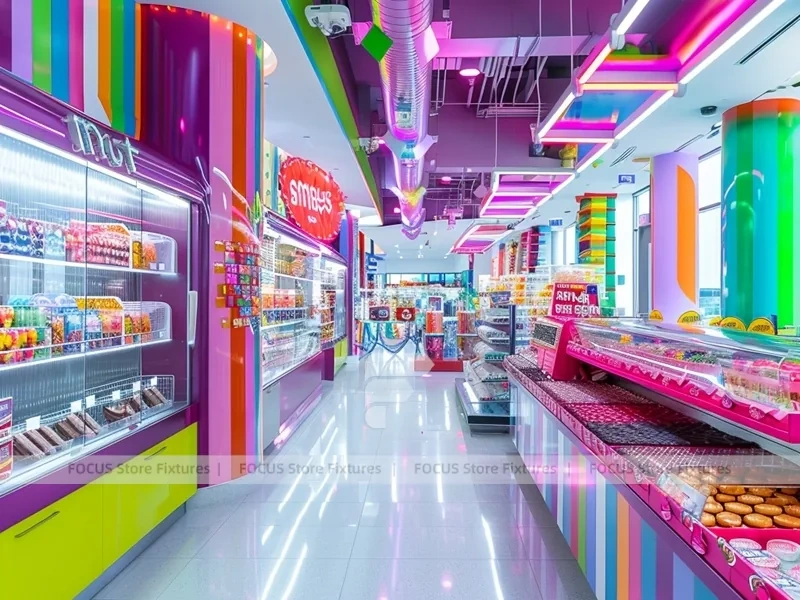 Candy Carnival Sweet Boutique Interior with Curved Candy Islands
