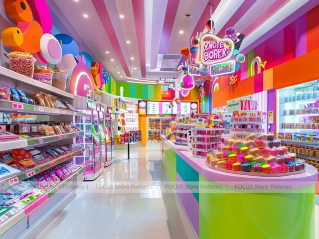 Candy Carnival Sweet Boutique Interior with Curved Candy Islands