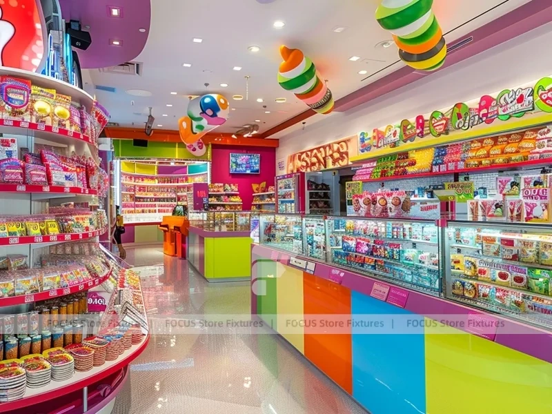 Candy Carnival Sweet Boutique Interior with Curved Candy Islands