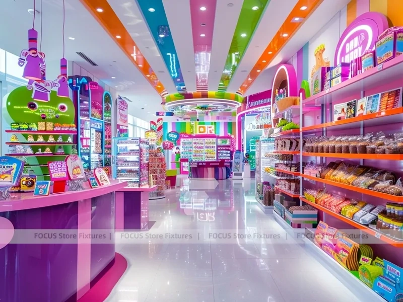Candy Carnival Sweet Boutique Interior with Curved Candy Islands