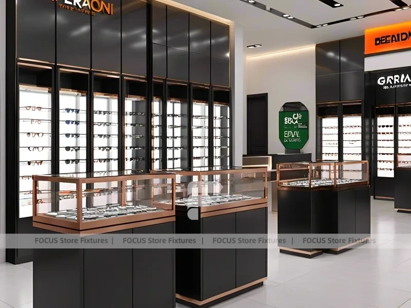 Charcoal Copper Eyewear Retail Interior with Copper-Framed Cases