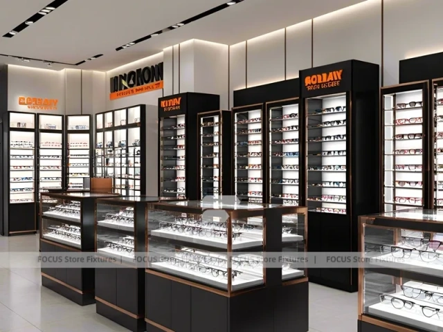 Charcoal Copper Eyewear Retail Interior with Copper-Framed Cases