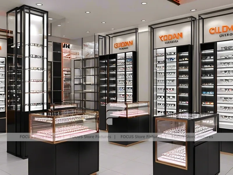 Charcoal Copper Eyewear Retail Interior with Copper-Framed Cases