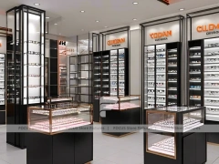 Charcoal Copper Eyewear Retail Interior with Copper-Framed Cases