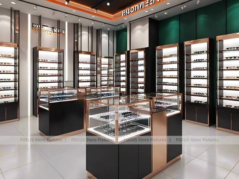 Charcoal Copper Eyewear Retail Interior with Copper-Framed Cases
