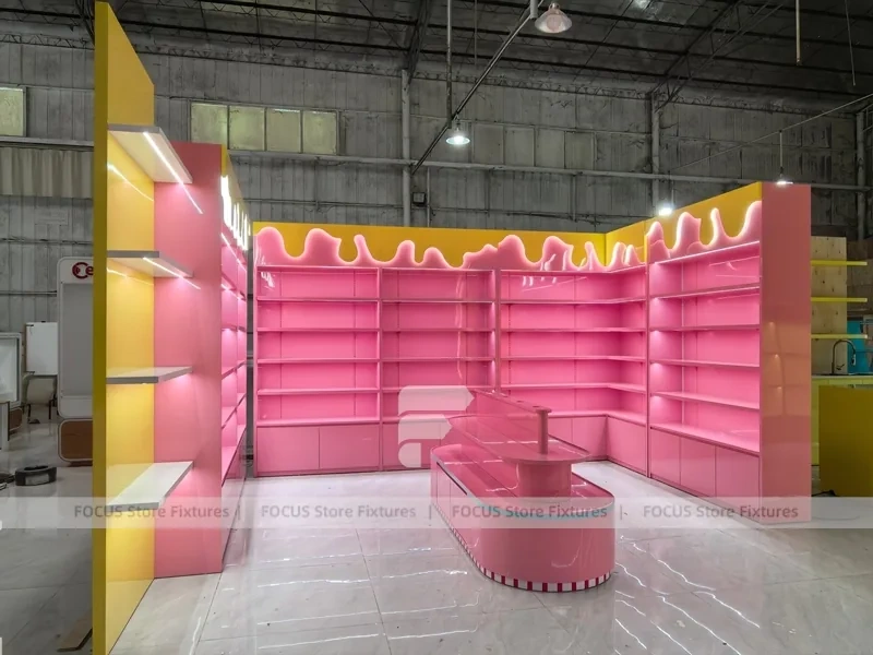 Cherry Pop Candy Wall and Island Module with Pastel Store Prototype Layout
