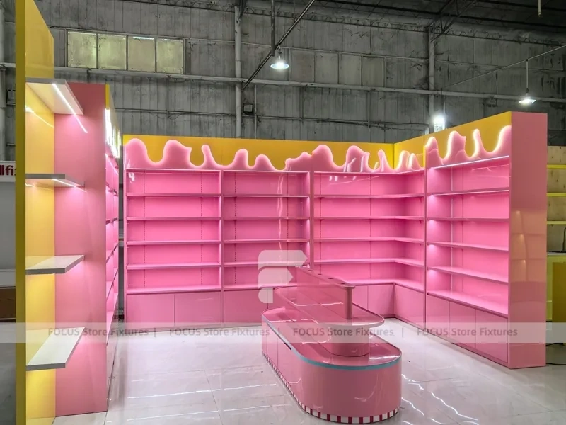 Cherry Pop Candy Wall and Island Module with Pastel Store Prototype Layout