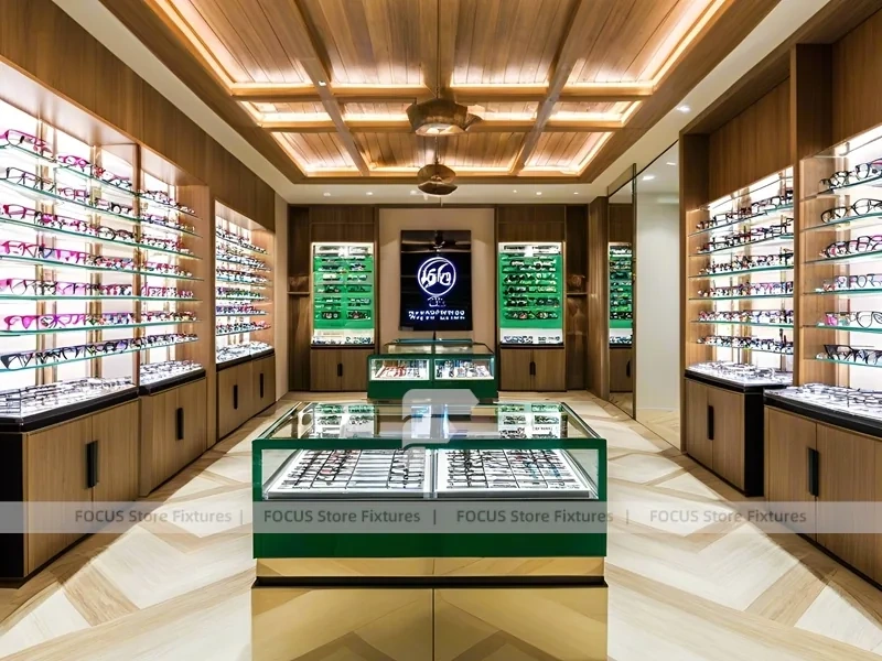 Classic Oak Eyewear Showcase Room with Square Glass Counter
