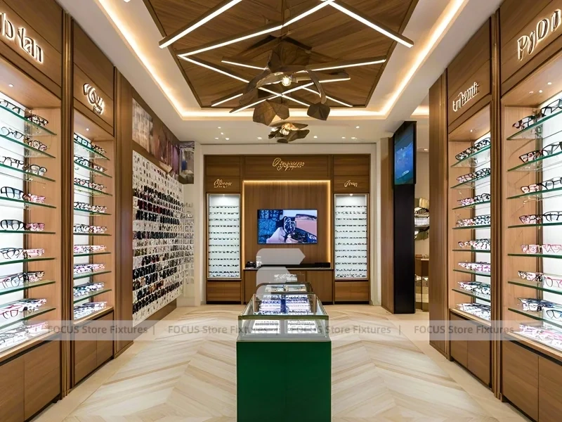 Classic Oak Eyewear Showcase Room with Square Glass Counter