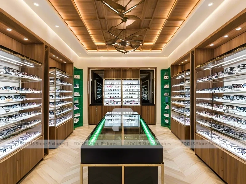 Classic Oak Eyewear Showcase Room with Square Glass Counter