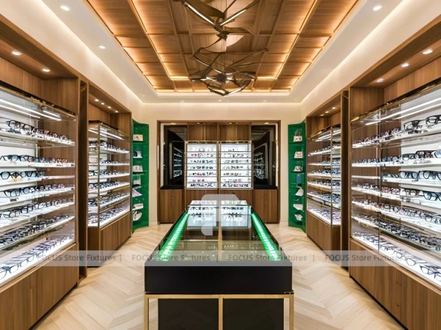 Classic Oak Eyewear Showcase Room with Square Glass Counter